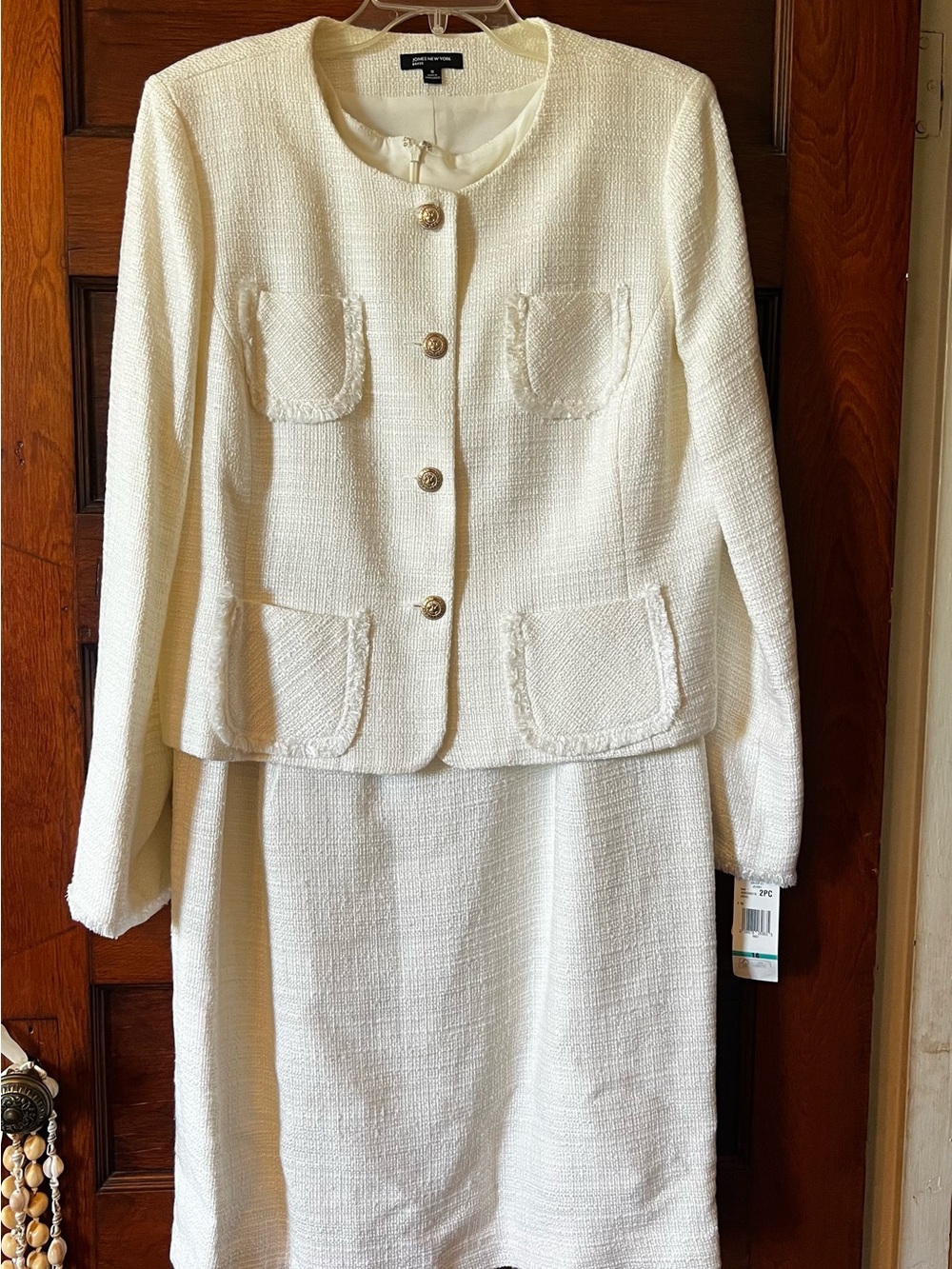 Jones New York White Sheath Tweed Dress and Jacket with Gold Buttons